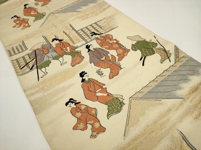 平和屋着物◎六通柄袋帯　唐織　人物風景文　金糸　正絹　逸品　AABJ4865pf