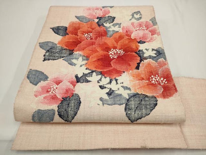 平和屋着物◎八寸名古屋帯　紬地　草花文　正絹　逸品　AABJ4869pf