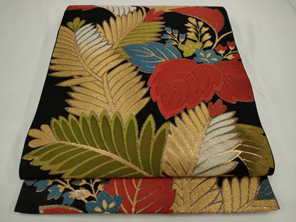 平和屋着物◎六通柄袋帯　草花文　黒地　金糸　正絹　逸品　AABJ4870pf
