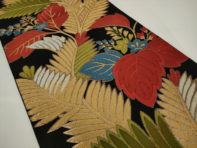 平和屋着物◎六通柄袋帯　草花文　黒地　金糸　正絹　逸品　AABJ4870pf
