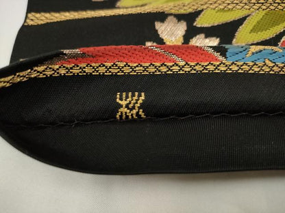 平和屋着物◎六通柄袋帯　草花文　黒地　金糸　正絹　逸品　AABJ4870pf