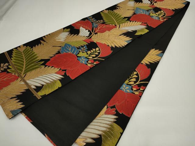 平和屋着物◎六通柄袋帯　草花文　黒地　金糸　正絹　逸品　AABJ4870pf