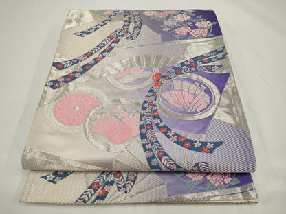 平和屋着物◎六通柄袋帯　唐織　束ね熨斗花蝶文　銀糸　正絹　逸品　AABJ4872pf