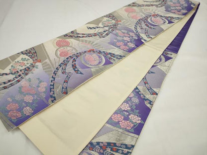 平和屋着物◎六通柄袋帯　唐織　束ね熨斗花蝶文　銀糸　正絹　逸品　AABJ4872pf