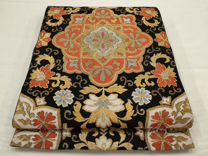 平和屋着物◎六通柄　本袋帯　飾花文　黒地　金糸　三越扱い　正絹　逸品　AABJ4884pf