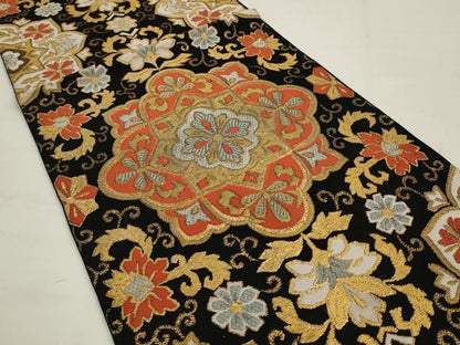 平和屋着物◎六通柄　本袋帯　飾花文　黒地　金糸　三越扱い　正絹　逸品　AABJ4884pf