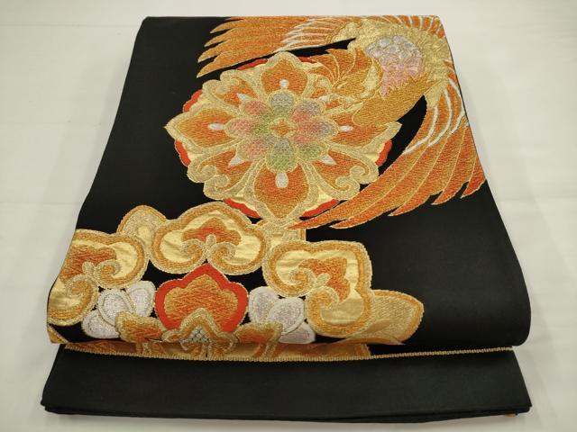 平和屋着物◎六通柄袋帯　鳳凰花文　黒地　金銀糸　正絹　逸品　AABJ4886pf