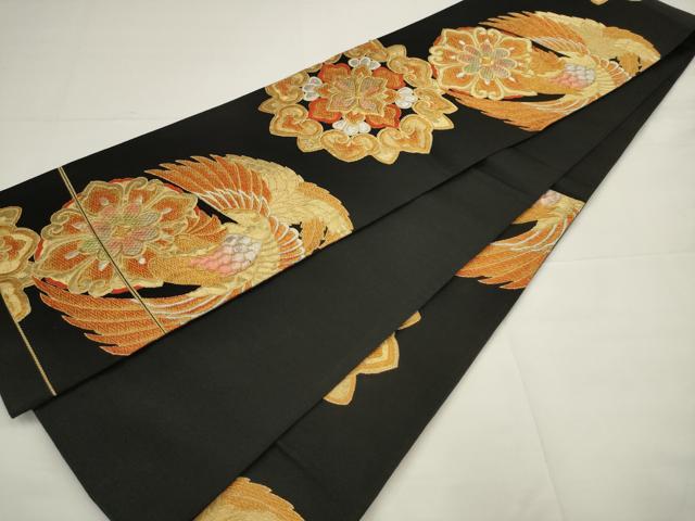 平和屋着物◎六通柄袋帯　鳳凰花文　黒地　金銀糸　正絹　逸品　AABJ4886pf