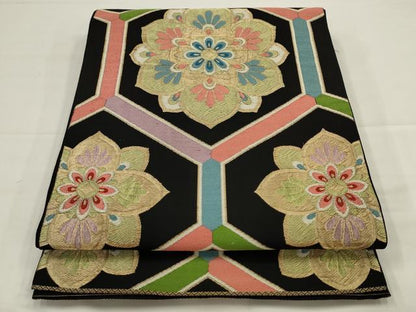 平和屋着物◎六通柄　本袋帯　亀甲花文　金糸　正絹　逸品　AABJ4887pf
