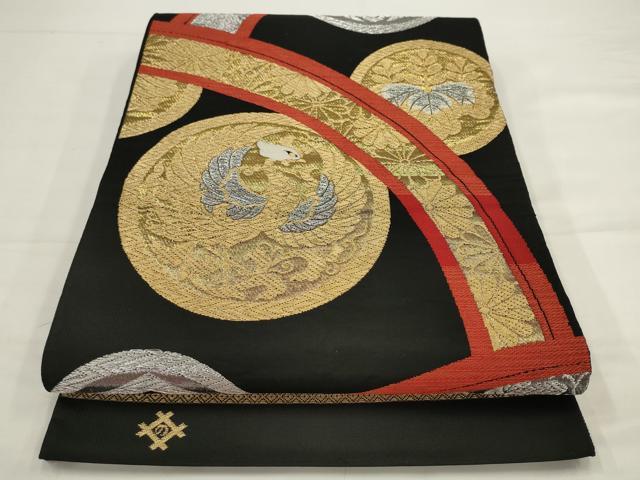 平和屋着物◎六通柄　本袋帯　鳳凰花丸文　黒地　金銀糸　正絹　逸品　AABJ4888pf