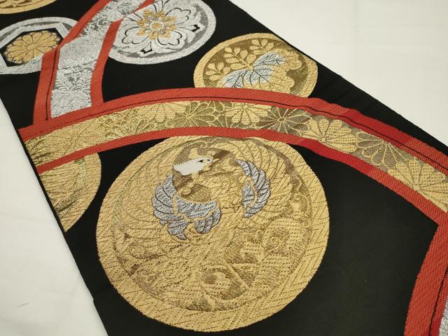 平和屋着物◎六通柄　本袋帯　鳳凰花丸文　黒地　金銀糸　正絹　逸品　AABJ4888pf