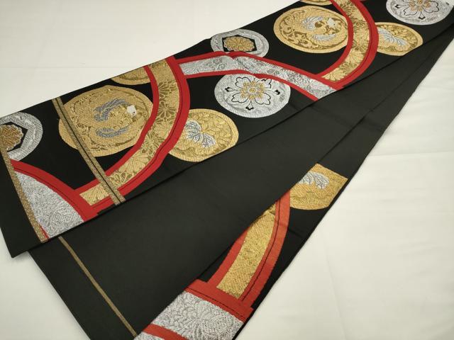 平和屋着物◎六通柄　本袋帯　鳳凰花丸文　黒地　金銀糸　正絹　逸品　AABJ4888pf