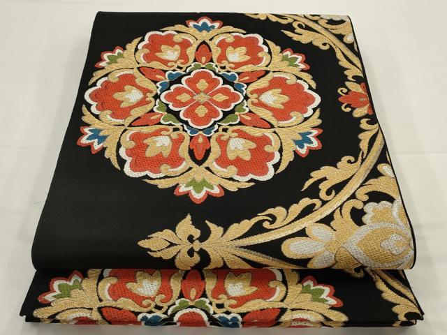 平和屋着物◎六通柄　本袋帯　唐織　飾花文　黒地　金糸　三越扱い　正絹　逸品　AABJ4891pf