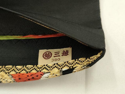 平和屋着物◎六通柄　本袋帯　唐織　飾花文　黒地　金糸　三越扱い　正絹　逸品　AABJ4891pf