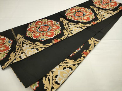 平和屋着物◎六通柄　本袋帯　唐織　飾花文　黒地　金糸　三越扱い　正絹　逸品　AABJ4891pf