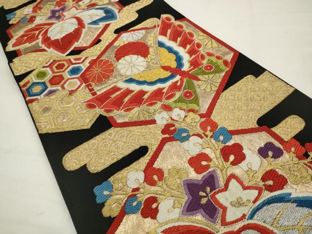 平和屋着物◎六通柄袋帯　唐織　花蝶文　黒地　金銀糸　正絹　逸品　AABJ4893pf