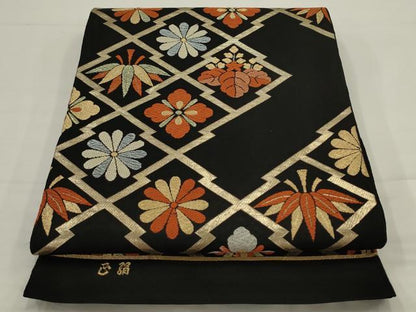 平和屋着物◎六通柄　本袋帯　唐織　松皮菱花文　黒地　金糸　正絹　逸品　AABJ4896pf
