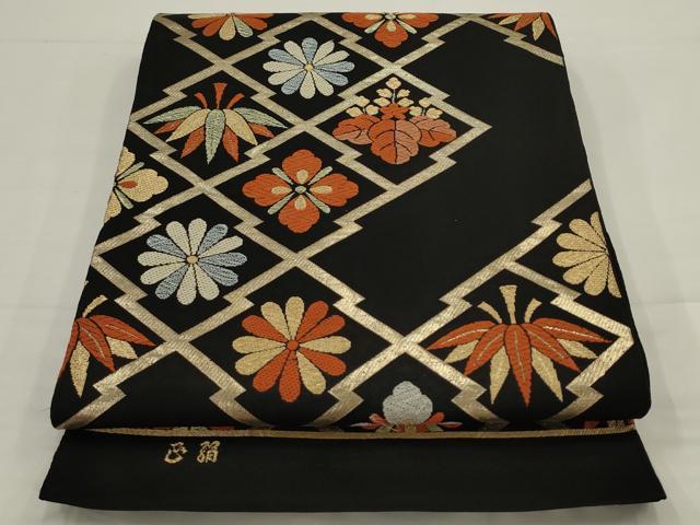 平和屋着物◎六通柄　本袋帯　唐織　松皮菱花文　黒地　金糸　正絹　逸品　AABJ4896pf