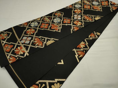 平和屋着物◎六通柄　本袋帯　唐織　松皮菱花文　黒地　金糸　正絹　逸品　AABJ4896pf
