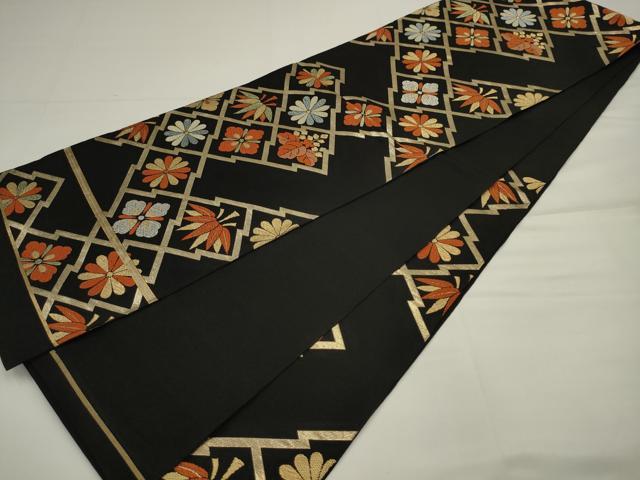 平和屋着物◎六通柄　本袋帯　唐織　松皮菱花文　黒地　金糸　正絹　逸品　AABJ4896pf