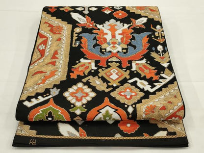 平和屋着物◎六通柄　本袋帯　飾花文　黒地　金糸　正絹　逸品　AABJ4897pf