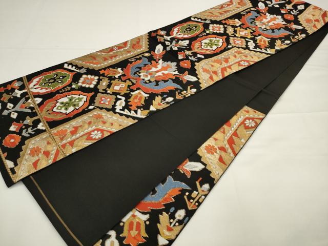 平和屋着物◎六通柄　本袋帯　飾花文　黒地　金糸　正絹　逸品　AABJ4897pf