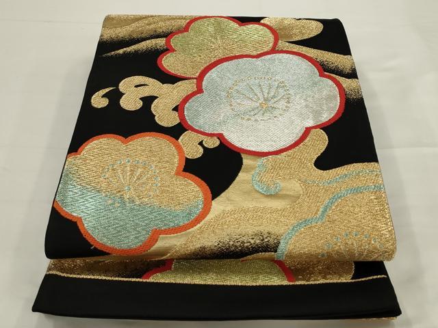 平和屋着物◎六通柄袋帯　立波梅文　黒地　金糸　正絹　逸品　AABJ4899pf
