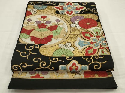 平和屋着物◎六通柄　本袋帯　唐織　霞取り花文　黒地　金糸　正絹　逸品　AABJ4900pf