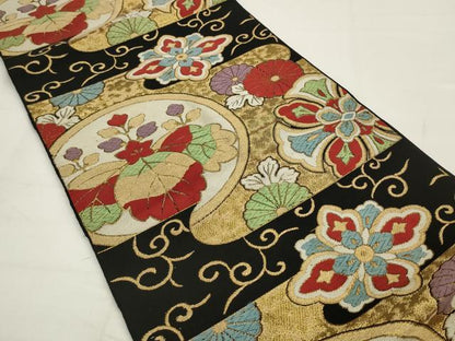 平和屋着物◎六通柄　本袋帯　唐織　霞取り花文　黒地　金糸　正絹　逸品　AABJ4900pf