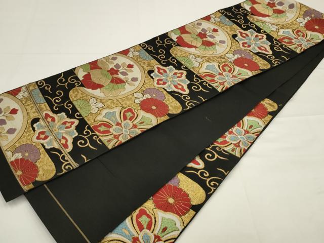 平和屋着物◎六通柄　本袋帯　唐織　霞取り花文　黒地　金糸　正絹　逸品　AABJ4900pf