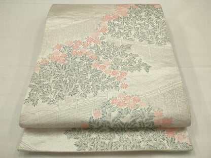 平和屋着物◎六通柄袋帯　草花文　銀糸　正絹　逸品　AABJ4906pf