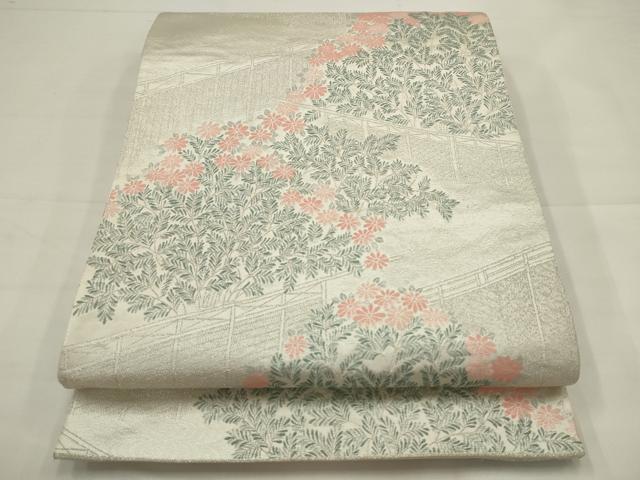 平和屋着物◎六通柄袋帯　草花文　銀糸　正絹　逸品　AABJ4906pf