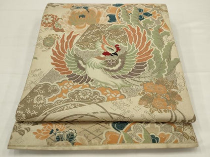 平和屋着物◎アンティーク　大正ロマン　丸帯　鳳凰花文　引き抜き帯　正絹　逸品　AABJ4908pf