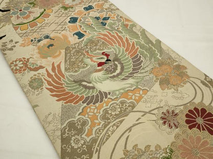 平和屋着物◎アンティーク　大正ロマン　丸帯　鳳凰花文　引き抜き帯　正絹　逸品　AABJ4908pf