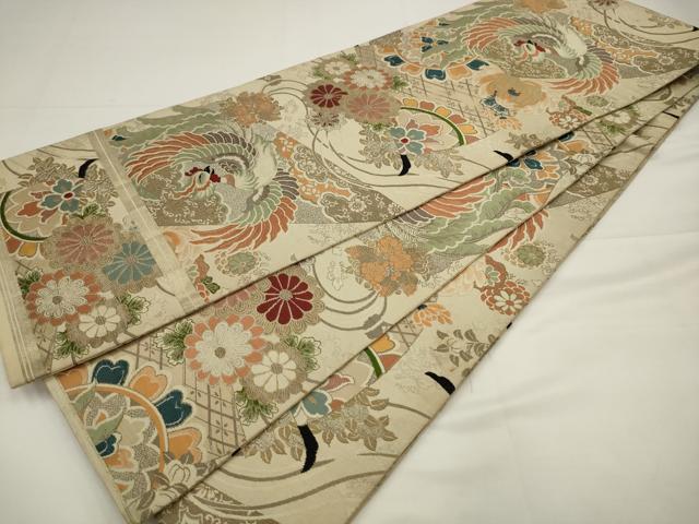 平和屋着物◎アンティーク　大正ロマン　丸帯　鳳凰花文　引き抜き帯　正絹　逸品　AABJ4908pf