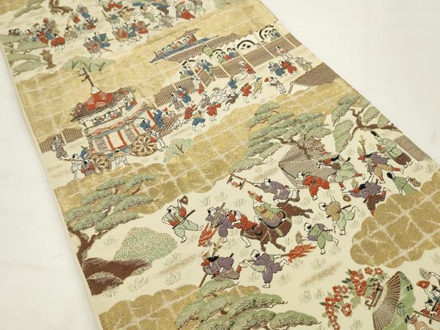 平和屋着物◎六通柄袋帯　人物風景文　金銀糸　正絹　逸品　AABJ4909pf