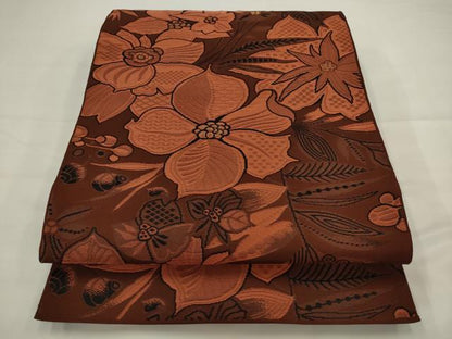 平和屋着物◎八寸名古屋帯　草花文　金糸　正絹　逸品　AABJ4915pf