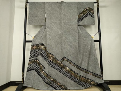 平和屋着物●訪問着　総絞り　刺繍　松皮菱花文　黒地　正絹　逸品　AABJ4924ck
