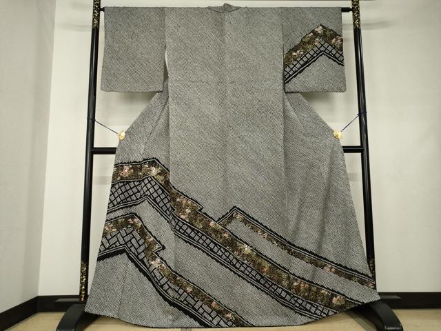 平和屋着物●訪問着　総絞り　刺繍　松皮菱花文　黒地　正絹　逸品　AABJ4924ck