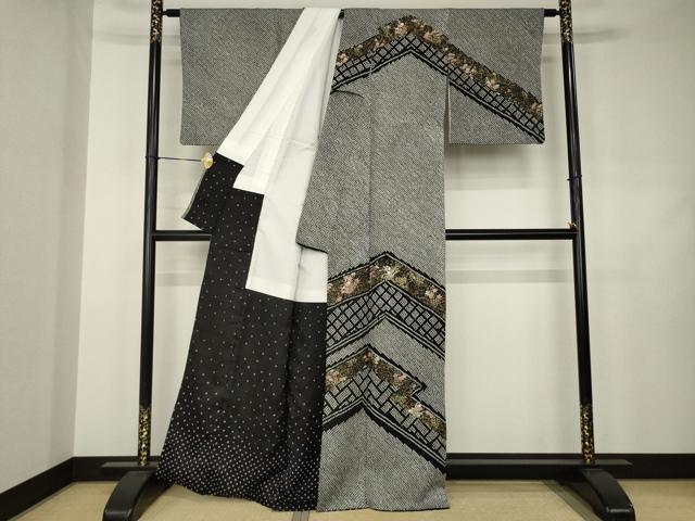 平和屋着物●訪問着　総絞り　刺繍　松皮菱花文　黒地　正絹　逸品　AABJ4924ck
