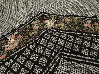 平和屋着物●訪問着　総絞り　刺繍　松皮菱花文　黒地　正絹　逸品　AABJ4924ck