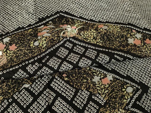 平和屋着物●訪問着　総絞り　刺繍　松皮菱花文　黒地　正絹　逸品　AABJ4924ck