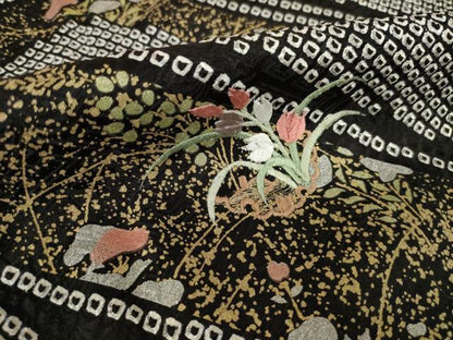 平和屋着物●訪問着　総絞り　刺繍　松皮菱花文　黒地　正絹　逸品　AABJ4924ck