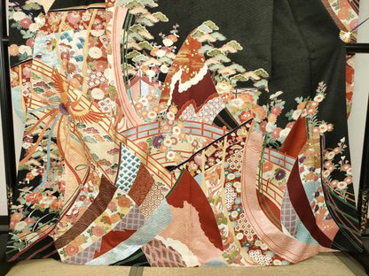 平和屋着物●豪華振袖　駒刺繍　吉祥几帳花鳥文　金彩　正絹　逸品　AABJ4927ck