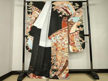 平和屋着物●豪華振袖　駒刺繍　吉祥几帳花鳥文　金彩　正絹　逸品　AABJ4927ck