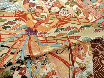 平和屋着物●豪華振袖　駒刺繍　吉祥几帳花鳥文　金彩　正絹　逸品　AABJ4927ck