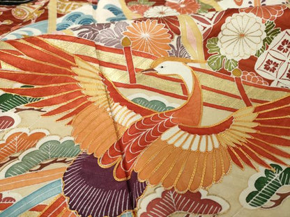 平和屋着物●豪華振袖　駒刺繍　吉祥几帳花鳥文　金彩　正絹　逸品　AABJ4927ck