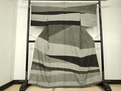 平和屋着物●ぜんまい紬　訪問着　型染め　幾何学花文　健勝苑扱い　正絹　逸品　未使用　AABJ4935ck