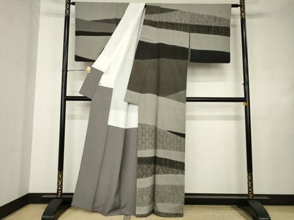 平和屋着物●ぜんまい紬　訪問着　型染め　幾何学花文　健勝苑扱い　正絹　逸品　未使用　AABJ4935ck