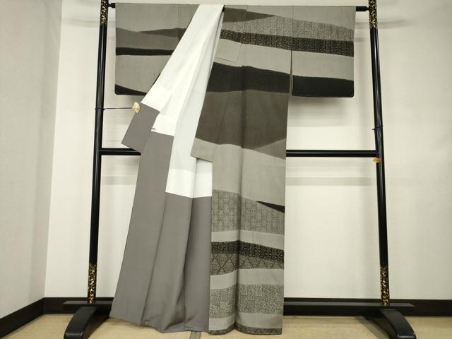 平和屋着物●ぜんまい紬　訪問着　型染め　幾何学花文　健勝苑扱い　正絹　逸品　未使用　AABJ4935ck